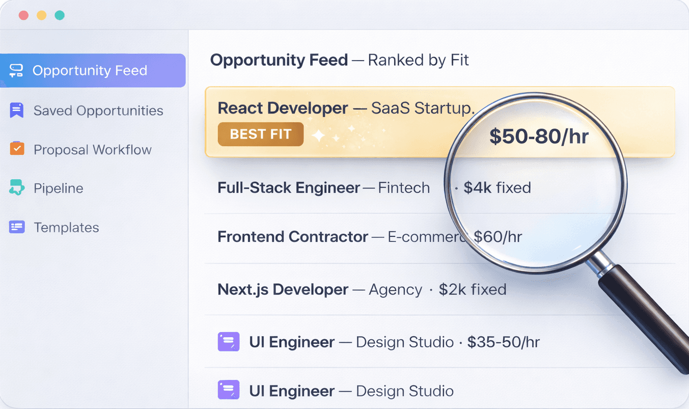 Rise Ops product preview: opportunity feed ranked by fit, with pipeline navigation and qualification workflow